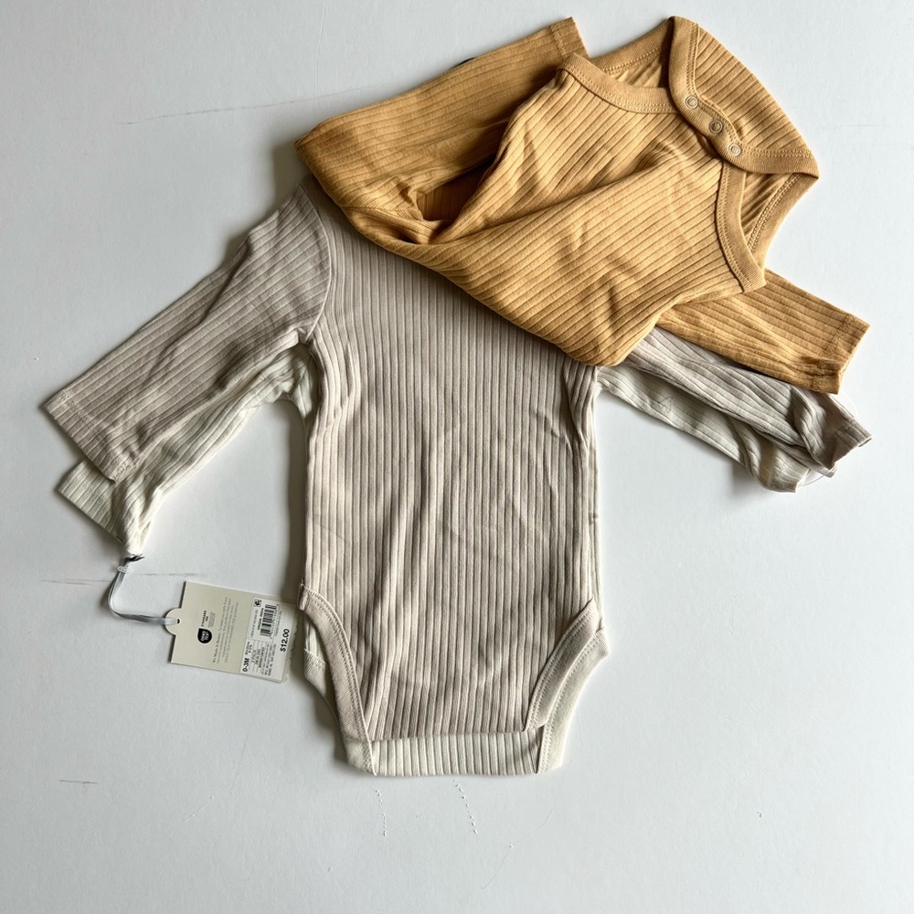 2 Cloud Island 3pc Ribbed Cream and Tan Baby Bodysuit Set Long Sleeve Bird Print - Picture 11 of 13